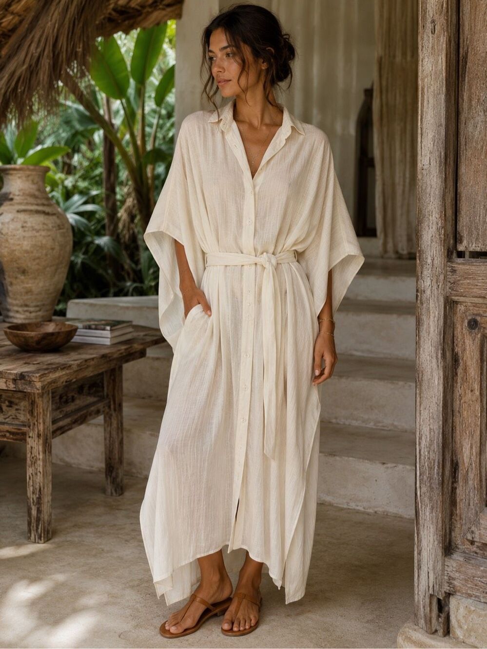 Myrah Penaloza NWT Linen Blend Kimono Kaftan Shirt Dress Belted Ivory